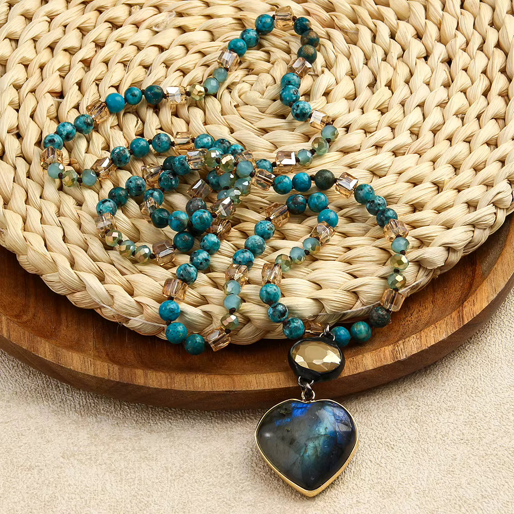 NEW LONG BOHEMIAN MALAKJEDE ( 80cm ) w/Labradorite Heart, Blue Jasper