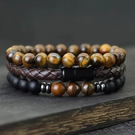 Triple Agat & Tigereye, Leather Bracelet