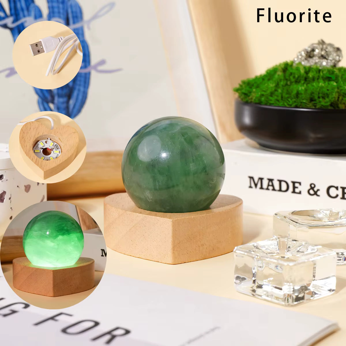 Natural Crystal Ball Lamp With Heart Shaped Wooden LED Base USB Powered Night Light for Home Decor, 4 stentyper