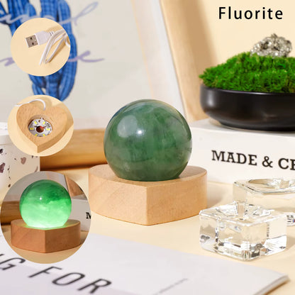 Natural Crystal Ball Lamp With Heart Shaped Wooden LED Base USB Powered Night Light for Home Decor, 4 stentyper