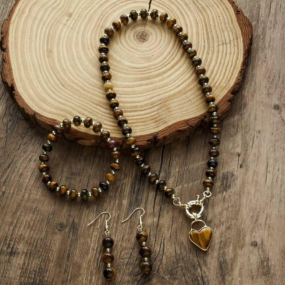 Beautiful Fashion Bohemian Jewelry Natural Stone Necklace, Bracelet, Earrings Set, Tiger Eye