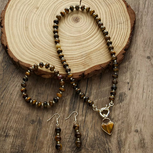 Beautiful Fashion Bohemian Jewelry Natural Stone Necklace, Bracelet, Earrings Set, Tiger Eye