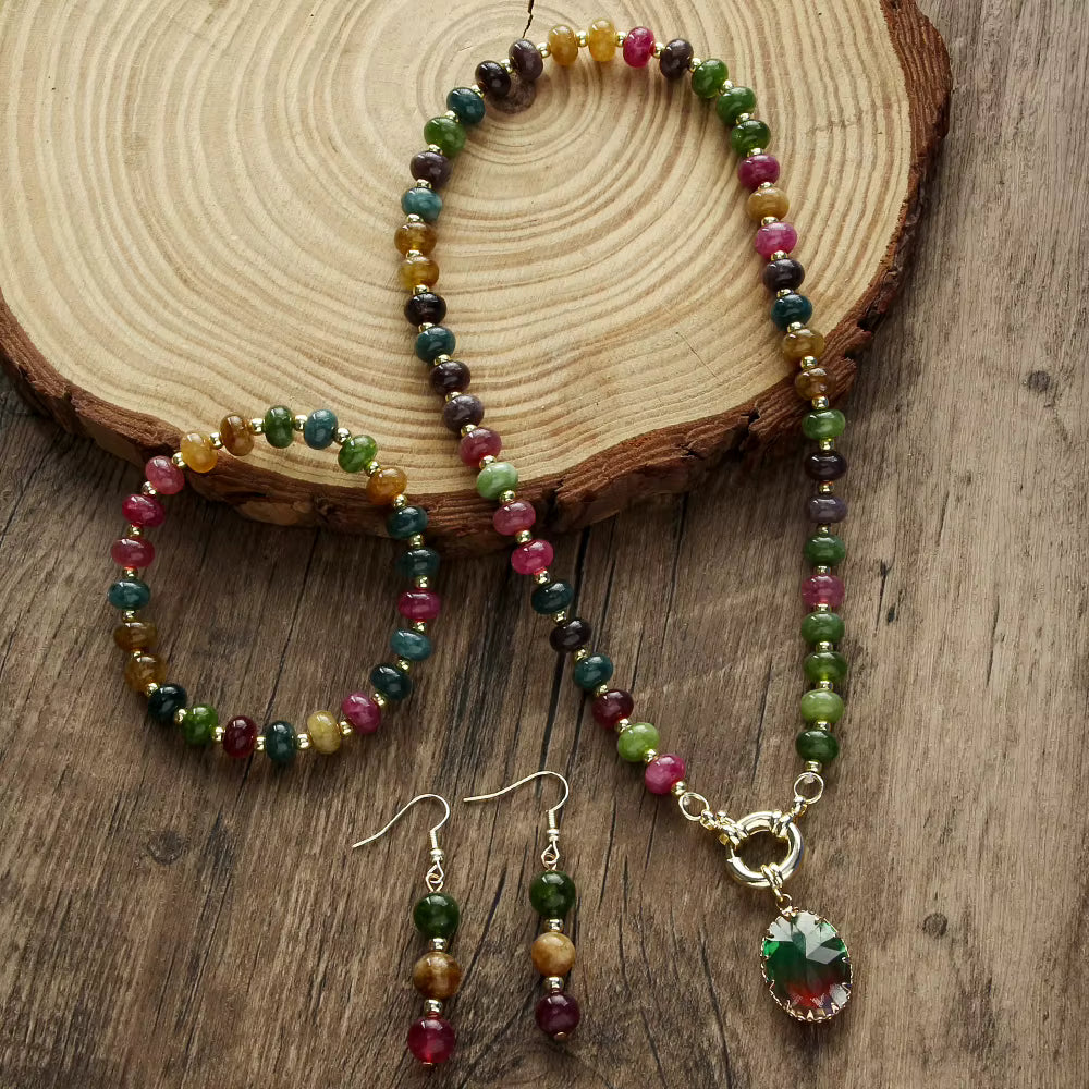 Beautiful Fashion Bohemian Jewelry Natural Stone Necklace, Bracelet, Earrings Set, Colorful Quartz