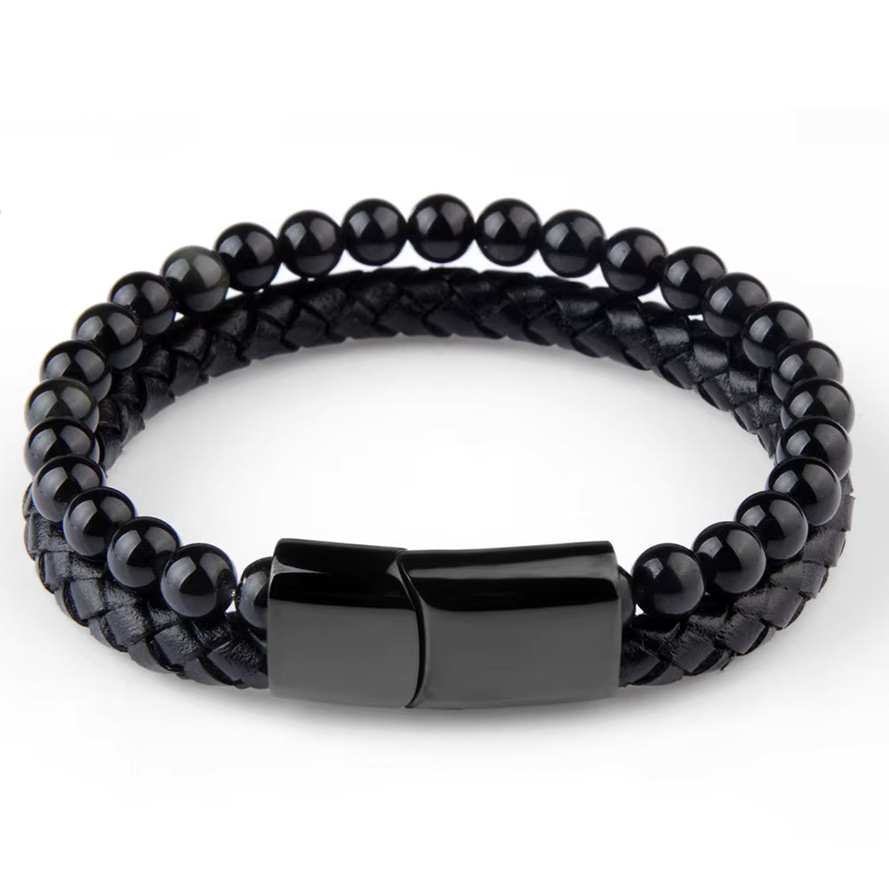 Nye, tøffe naturlige Sort Obsidian armbånd med skinn og magnetlås ( stainless steel )