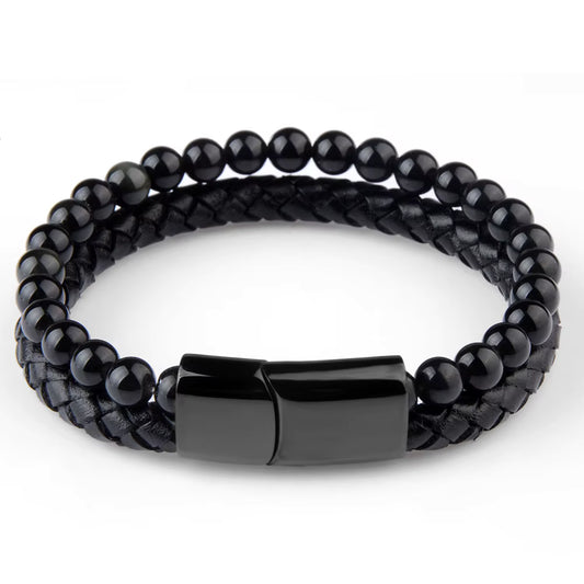 Nye, tøffe naturlige Sort Obsidian armbånd med skinn og magnetlås ( stainless steel )