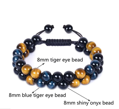 Nye Chambhala BlÅ & Gyllen Tigerøye, Sort Onyx ArmbÅnd , justerbare