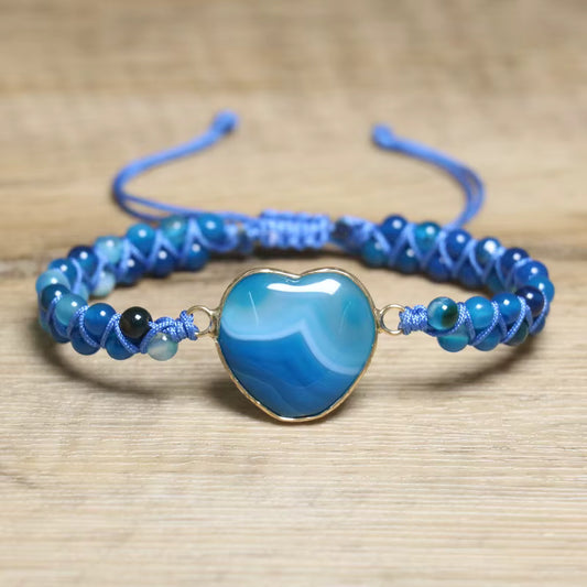 Enkle og vakre Chambhala 2 rader armbÅnd m/ Hjerteformet BlÅ Agate sten og smÅ tilsvarende stener ( justerbart )