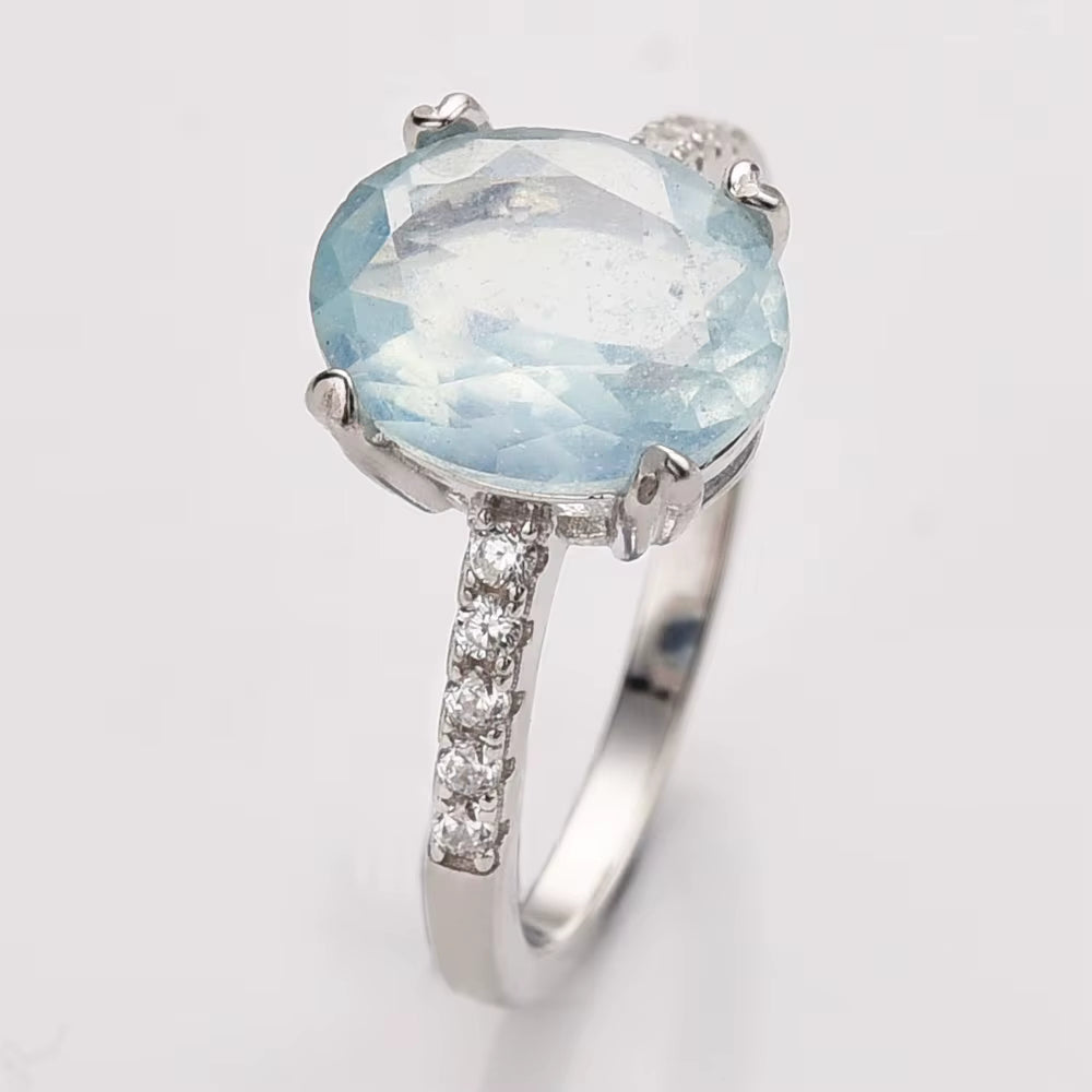 Ny & Trendy 925s Silver Art Deco Vintage Ring - med oval 8x10mm Aquamarine Quartz sten og Zirkoner, str. 54