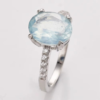 Ny & Trendy 925s Silver Art Deco Vintage Ring - med oval 8x10mm Aquamarine Quartz sten og Zirkoner, str. 54