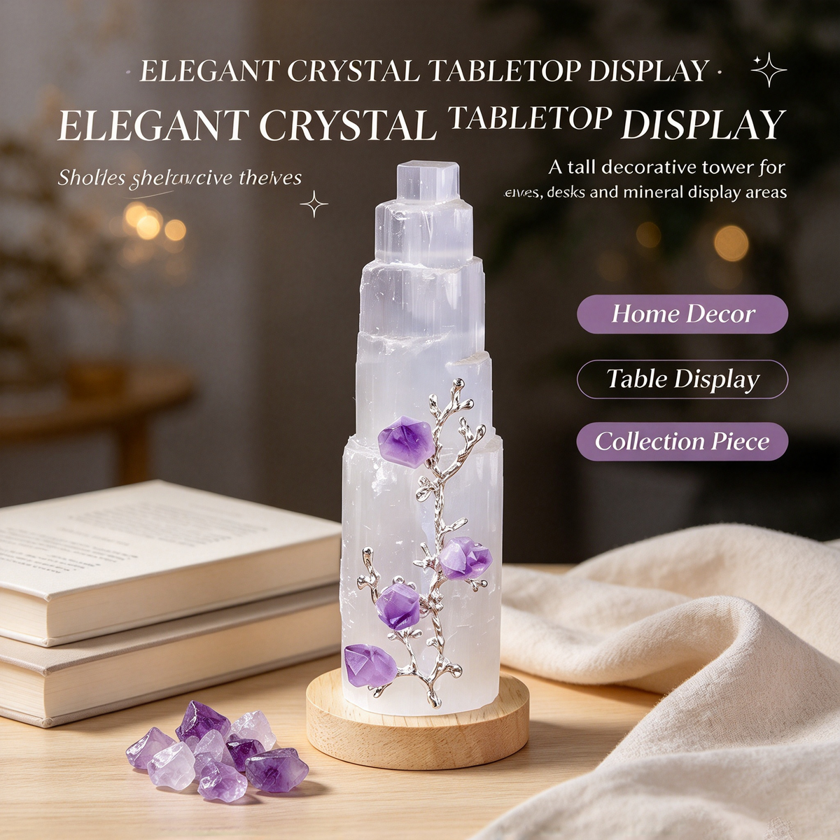 Natural Selenite Skyscraper Lamp,USB, Amethyst Rough Crystal Decor Light Wooden Base, 17cm
