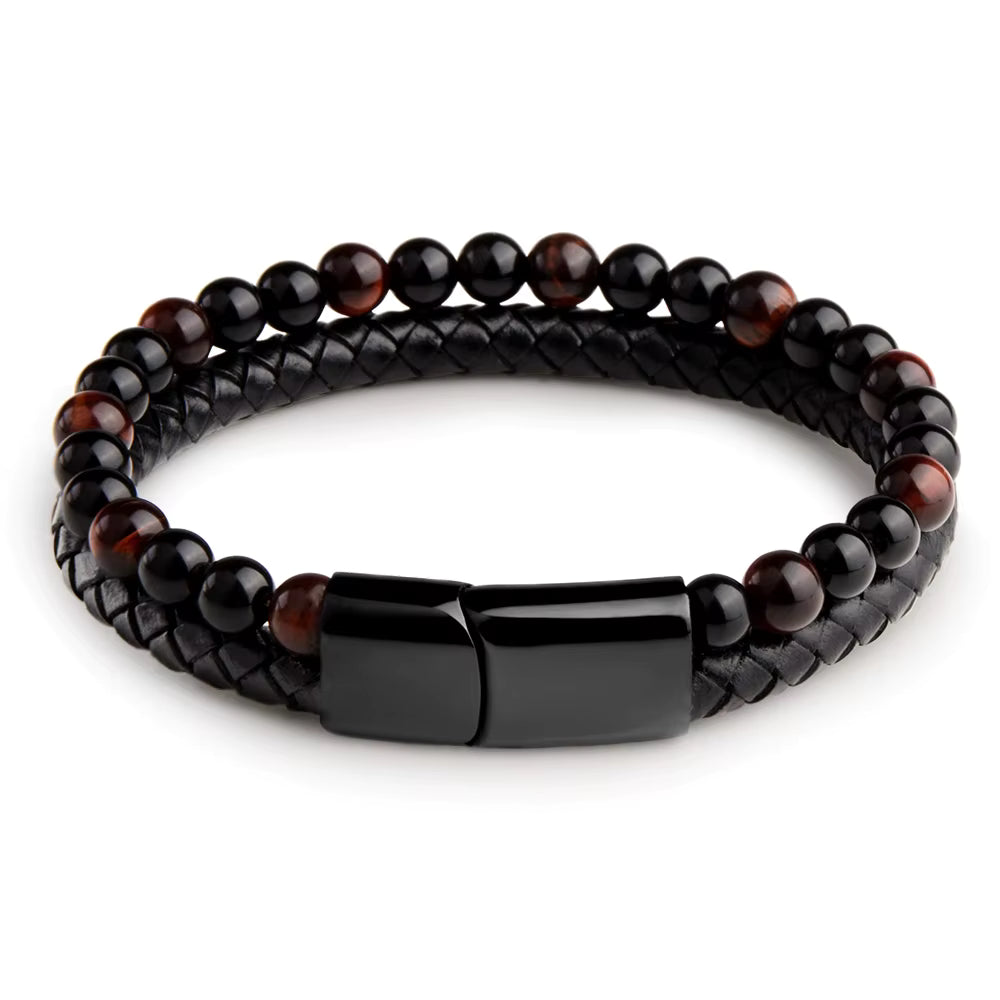 Nye, tøffe naturlige Rød Tigerøye/ Sort Obsidian armbånd med skinn og magnetlås ( stainless steel )