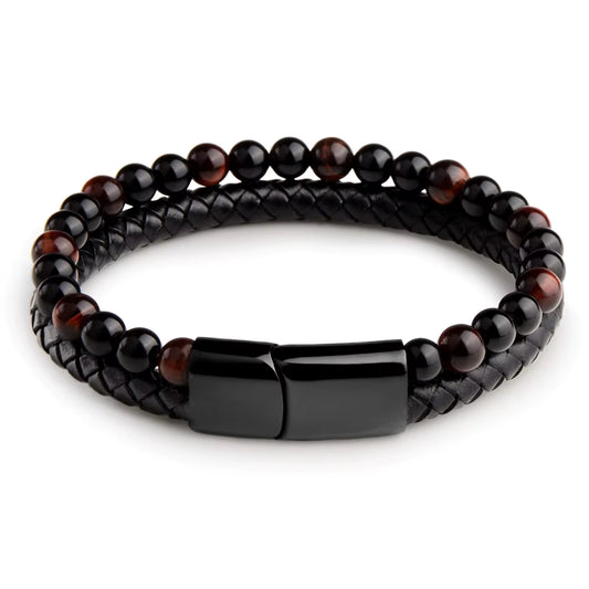 Nye, tøffe naturlige Rød Tigerøye/ Sort Obsidian armbånd med skinn og magnetlås ( stainless steel )