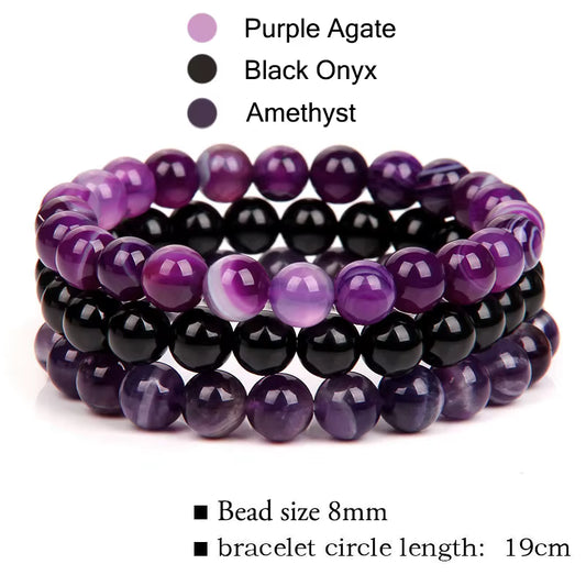 Natural Stone 3 Pack 8mm Armbånd, Black Onyx, Purple Agate, Ametyst