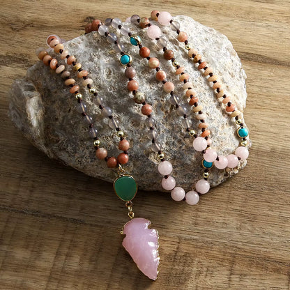 NEW LONG BOHEMIAN ROSE QUARTZ MALAKJEDE ( 80cm ) w/ Arrowhead Pendant