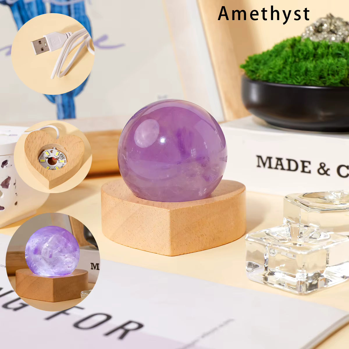 Natural Crystal Ball Lamp With Heart Shaped Wooden LED Base USB Powered Night Light for Home Decor, 4 stentyper