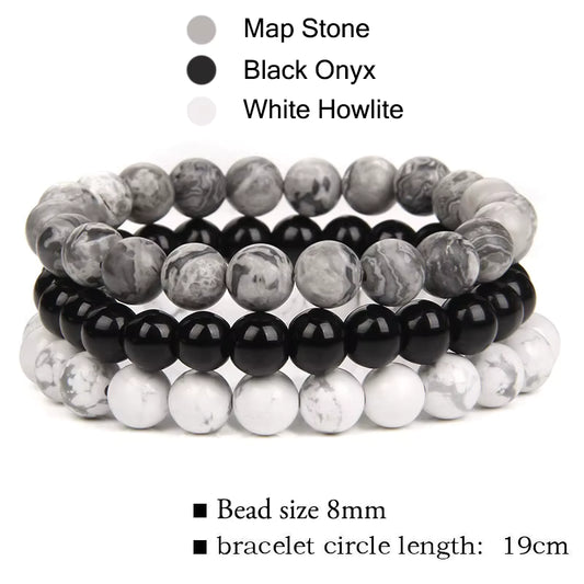 Natural Stone 3 Pack 8mm Armbånd, Black Onyx, White Howlite, Map Stone