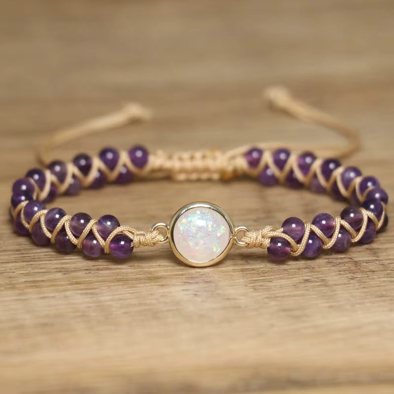 Enkle og vakre Chambhala 2 rader armbÅnd m/ Rund Opal sten og smÅ Ametyst stener ( justerbart )