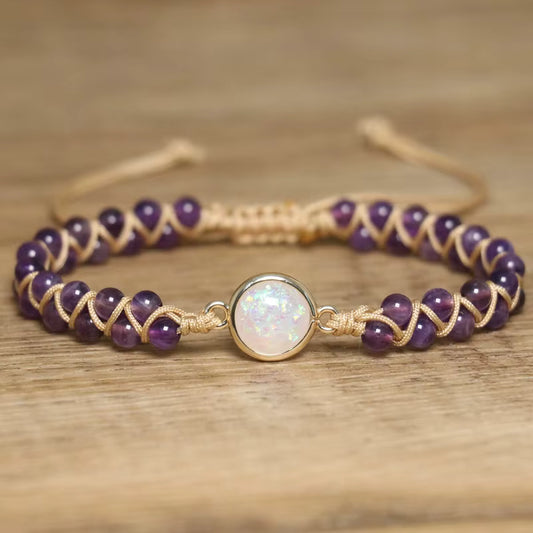 Enkle og vakre Chambhala 2 rader armbÅnd m/ Rund Opal sten og smÅ Ametyst stener ( justerbart )
