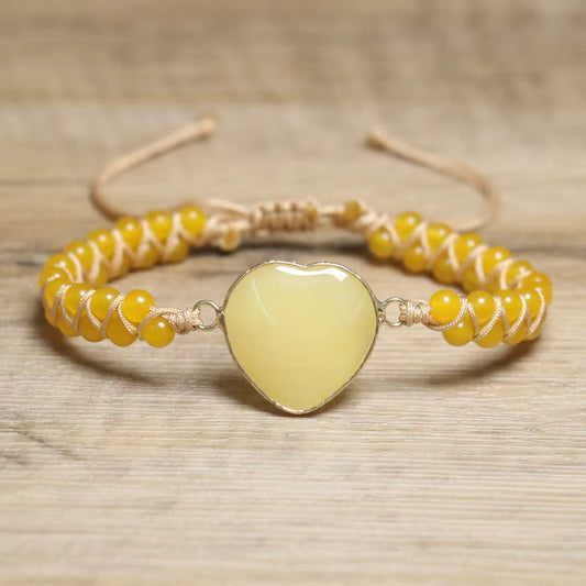 Enkle og vakre Chambhala 2 rader armbÅnd m/ Hjerteformet Yellow JADE sten og smÅ tilsvarende stener ( justerbart )