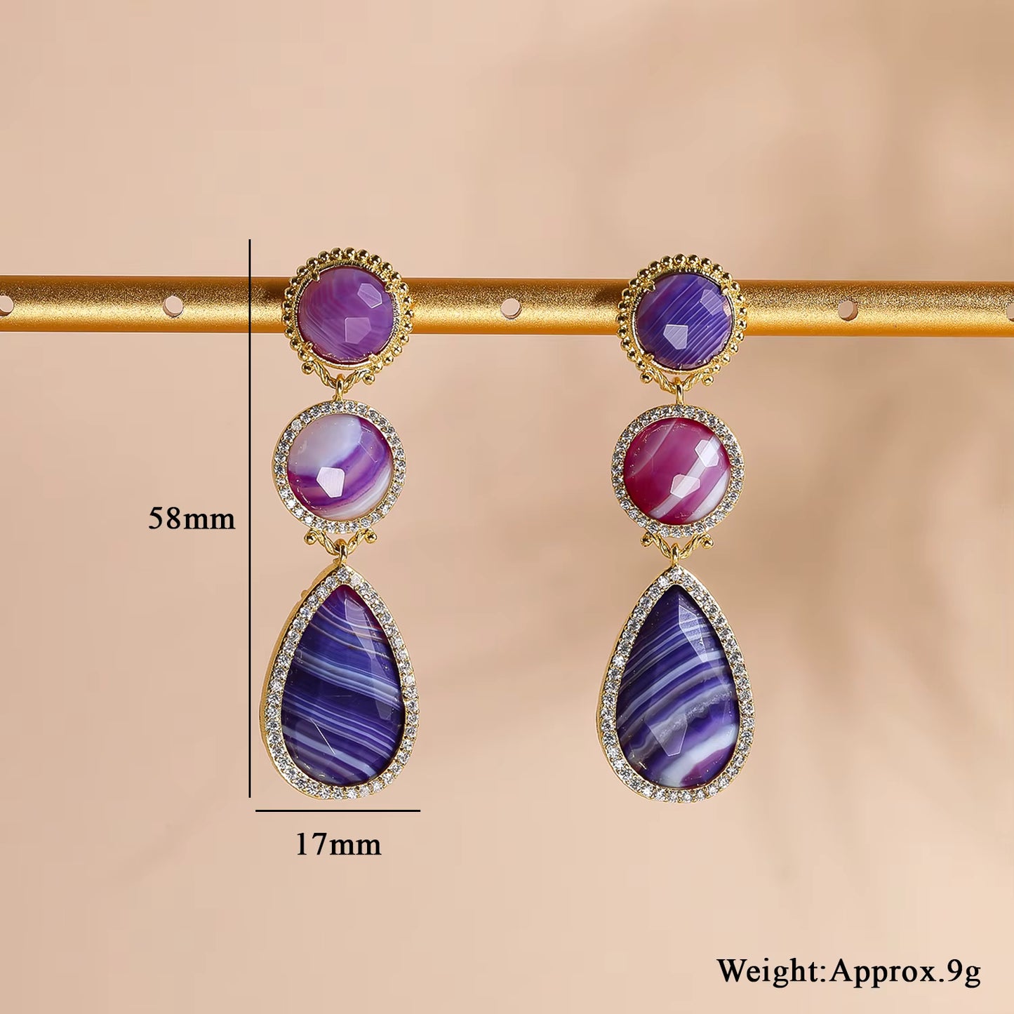 Nye MICCI DESIGN natural Purple AGATE Long Drop Øredobber, 58x17mm 24KGold Electroplated