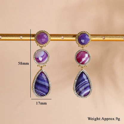 Nye MICCI DESIGN natural Purple AGATE Long Drop Øredobber, 58x17mm 24KGold Electroplated