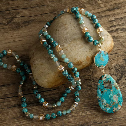 NEW LONG BOHEMIAN JASPER MALAKJEDE ( 80cm ) w/ Oval Pendant