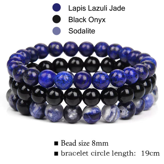 Natural Stone 3 Pack 8mm Armbånd, Black Onyx, Lapis Lazuli Jade, Sodalie
