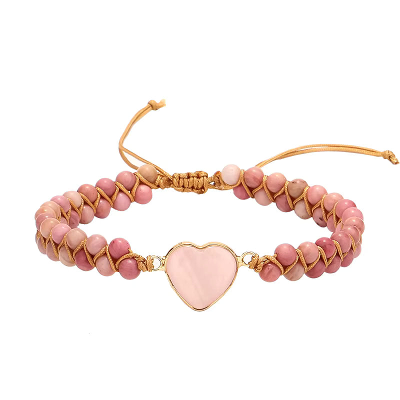 Enkle og vakre Chambhala 2 rader armbånd m/ Hjerteformet Rose Quartz sten og små Rhodonite stener ( justerbart )