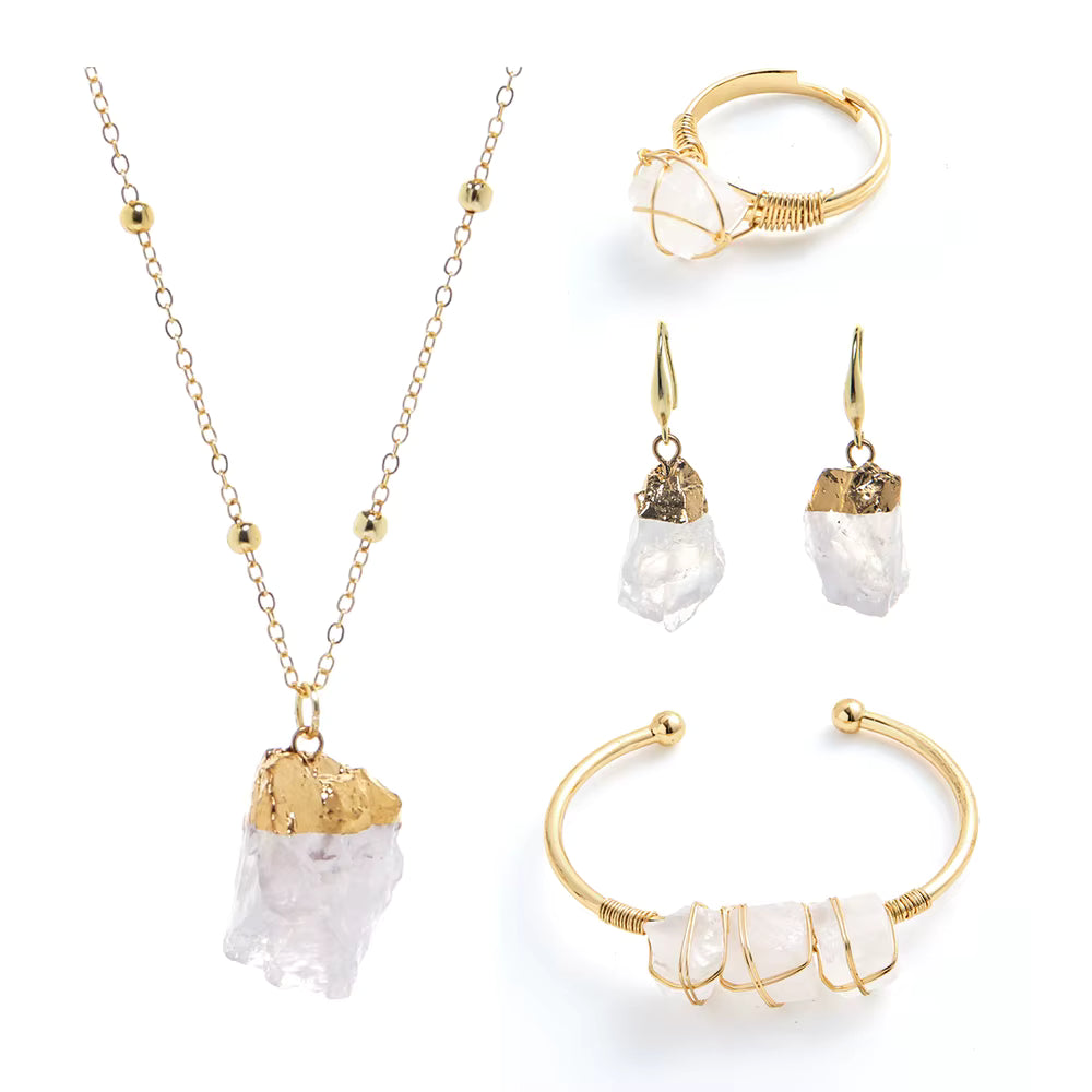 Nye Design Smykkesett ( Kjede, øredobber, ring, armbånd ), Clear Quartz