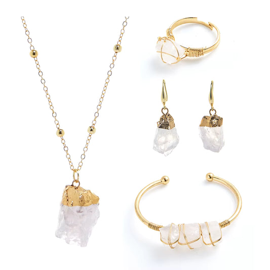 Nye Design Smykkesett ( Kjede, øredobber, ring, armbånd ), Clear Quartz