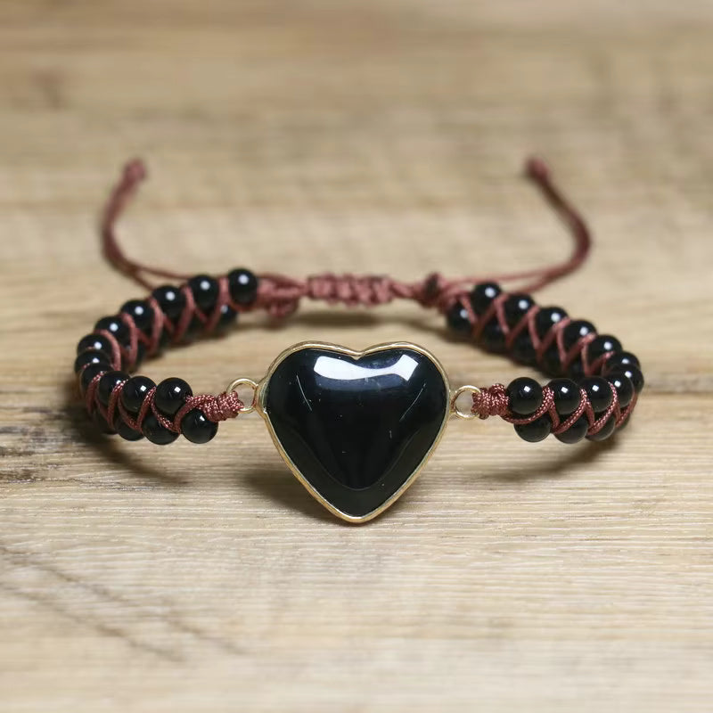 Enkle og vakre Chambhala 2 rader armbÅnd m/ Hjerteformet Sort Onyx Quartz sten og smÅ tilsvarende stener ( justerbart )