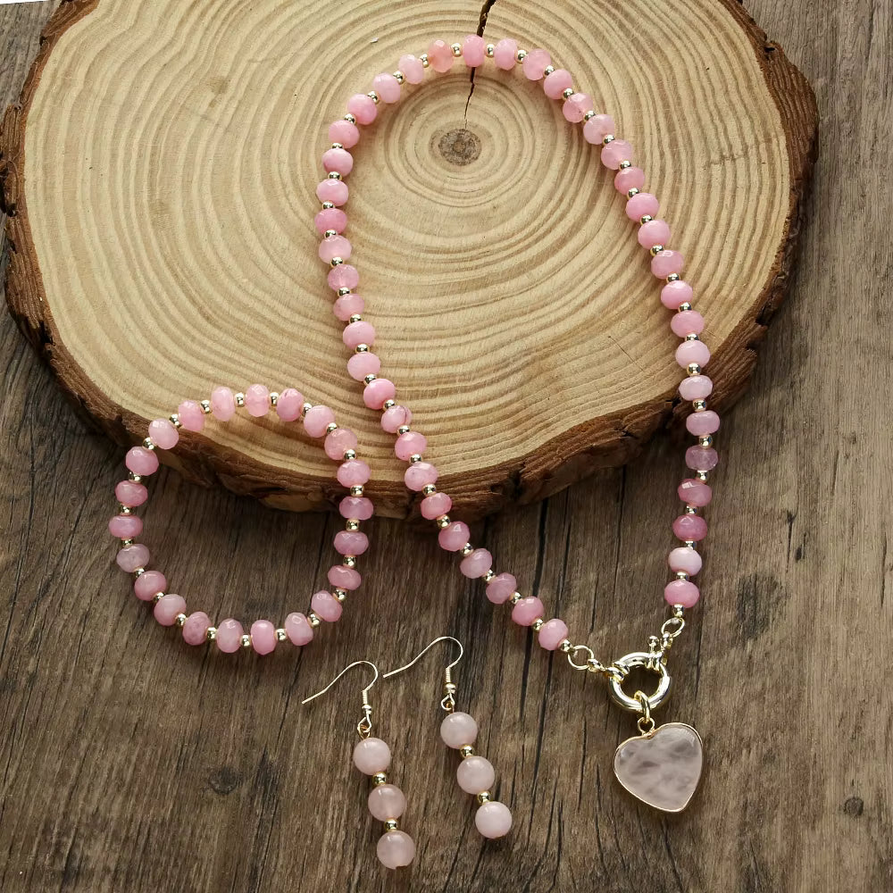 Beautiful FashionBohemian Jewelry Natural Stone Necklace, Bracelet, Earrings Set, Rose Quartz