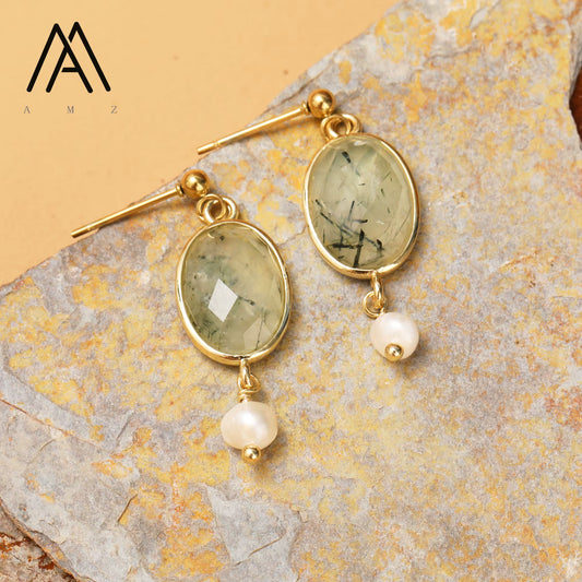 Nye Classic Oval Drop Earring Design, Gold Electroplated, Green JADE & Pearl