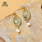 Nye Classic Oval Drop Earring Design, Gold Electroplated, Green JADE & Pearl