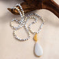 NEW LONG BOHEMIAN WHITE AGATE MALAKJEDE ( 80cm ) w/ Oval Pendant