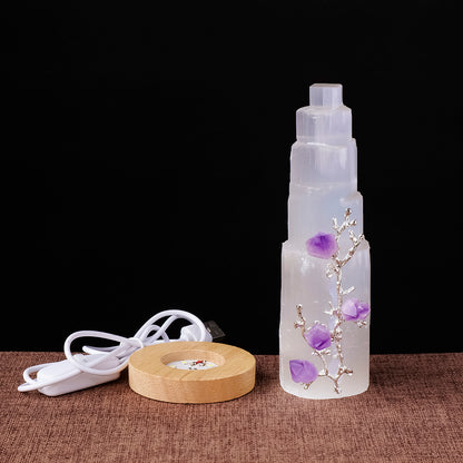 Natural Selenite Skyscraper Lamp,USB, Amethyst Rough Crystal Decor Light Wooden Base, 17cm