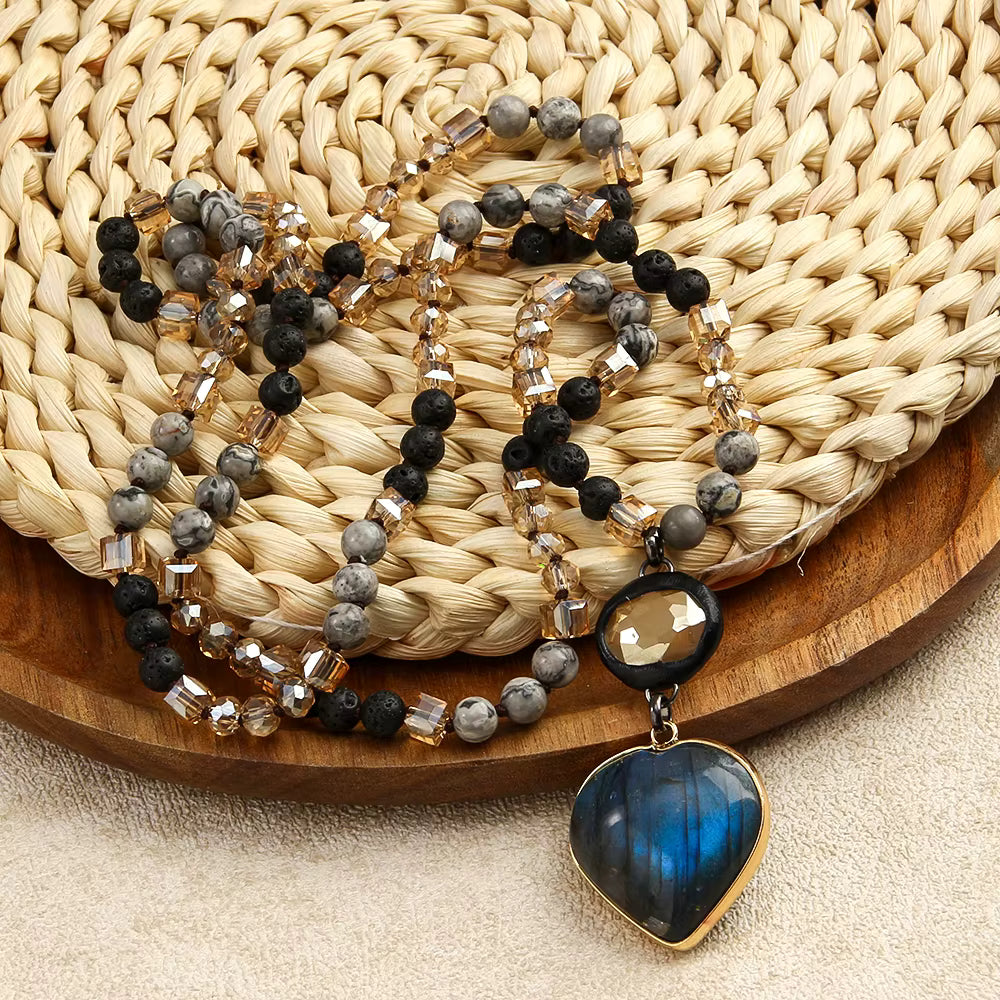 NEW LONG BOHEMIAN MALAKJEDE ( 80cm ) w/Labradorite Heart, Black Onyx