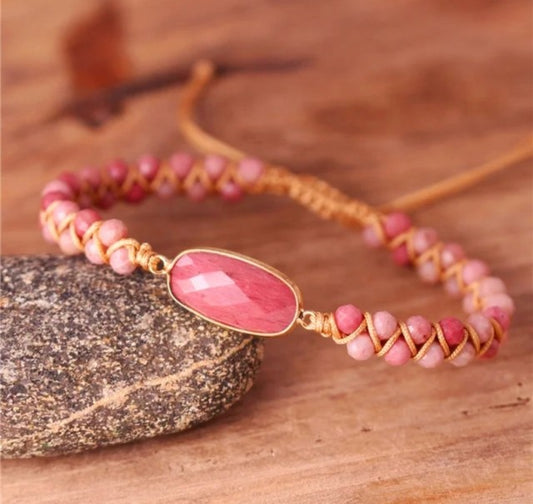 Enkle og vakre Merkaba 2 rader armbÅnd m/ oval Strawberry Quartz sten.