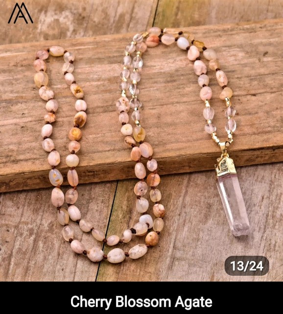 NYE MALA CRYSTAL KJEDER CHERRY BLOSSUM AGATE m/Clear Quartz Spissanheng