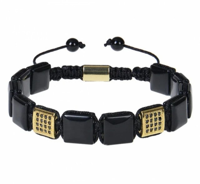Chambhala Flatstone ArmbÅnd , Sort Agate - Justerbare - Natural Stone