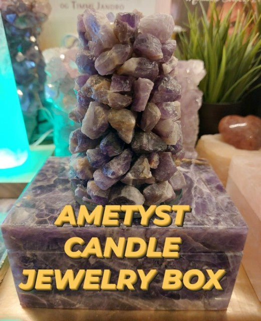 Kampanje / DUO PACK / Raw Ametyst Quartz Lysestake + Dekorativ Ametyst Quartz JEWELRY BOX ( Smykkeboks) 15x10cm