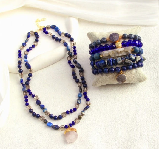 Nye 2025 Bohemian Blue Lapis Design Smykkesett, Dual Row Kjede og 5 Row Middelshavs armbÅnd