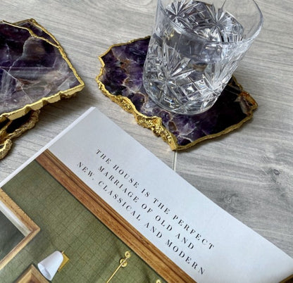 Ametyst Coaster skiver med gullbelagte kant, 10mm tykk kant, stk. pris