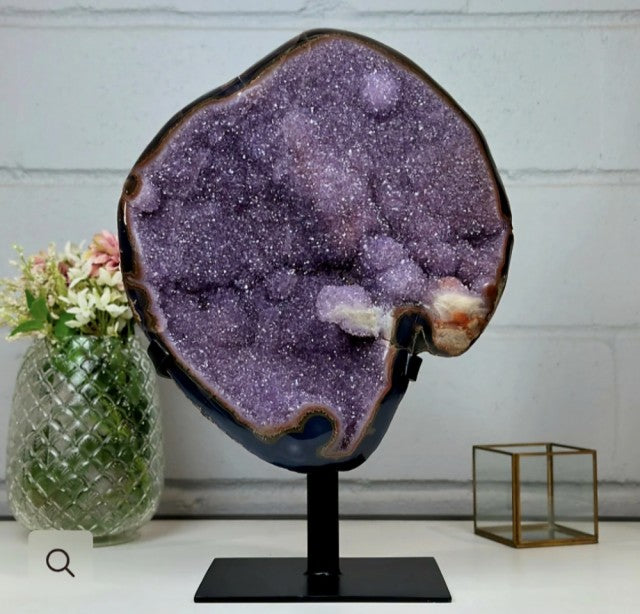 Unique XXL Uruguay Lavender Amethyst Cluster with Agate Shell and Metal Stand, 54.5x39x29cm - AWS1430