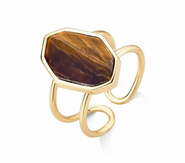 2025 Brazil Gem 18K Gold Plated Cuff Ring w/ Natural Tigers Eye Gemstone