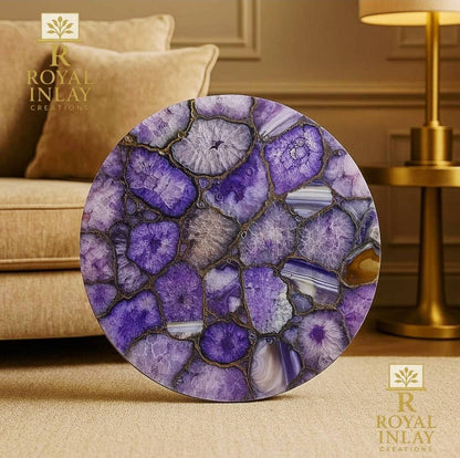 Agate Gemstone Coffee - Sofa Tables, handmade  ( Round 45cm ) inkl. backlit ( ledlys ) og design bordben