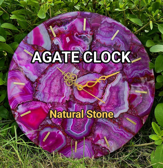 Vakker og eksklusiv PINK AGATE veggklokke, Gold Electroplated, 25cm