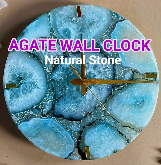 Vakker og eksklusiv Aqua Blue AGATE veggklokke, Gold Electroplated, 25cm