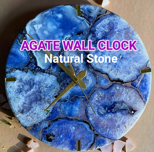 Vakker og eksklusiv Blue AGATE veggklokke, Gold Electroplated, 25cm