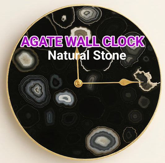 Vakker og eksklusiv Sort & Hvit AGATE veggklokke, Gold Electroplated, 25cm.